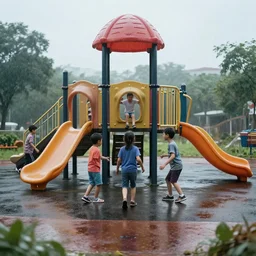 kids playing at playground in the middle of rainy day. photorealistic, hyperrealistic, cinematic, artstation, octane render, unreal, 8 k