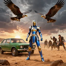 wide angle, 3 / 4 ths key light, telephoto lens, action pose, blue and gold knight in desert standing next to green hatchback car, storm clouds, sunset, giant bird attacks, sci fi digital painting, unreal engine 5, photorealism, hd quality, 8 k resolution, cinema 4 d, 3 d, cinematic, professional photography, art by artgerm and greg rutkowski and alphonse mucha and loish and wlop, berserk, manga