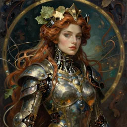 realistic detailed portrait of a very beautiful warrior queen by alphonse mucha, charlie bowater, cyberpunk! style, mechanical accents!, flowing wires with leaves, rich deep moody colors