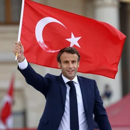 emmanuel macron holding up and waving a turkish flag enthusiastically, hd, 4 k