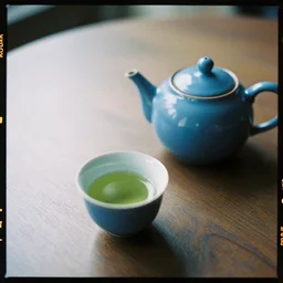kodak portra 800 photograph of a blue teapot on a table next to a cup of green matcha tea, peaceful photograph