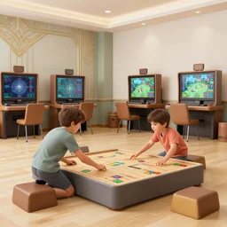 1 9 2 0 s, art deco, two boys playing game at a spacious gaming room with their hi - tech gaming setup, intricate, highly detailed, spacious, indoor, architecture, art by filip hodas and artgerm