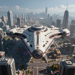 a single large symmetric type 3 civilization timepunk futuristic alternate reality and physics spaceship seen from the surface of a busy metropolis, star wars, star citizen digital art, trending on art station