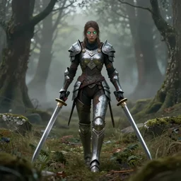 a matte painting of a female warrior with glowing eyes wearing battle worn apex legends armor wielding twin swords walking through the forest plains of north yorkshire, misty forest, marvel cinematic universe concept art, good value control, concept art, digital painting, sharp focus, symmetrical, segmented armor, single character full body, 4k, illustration, rule of thirds, sci-fi, elden ring, centered, moody colors, moody lighting, atmospheric