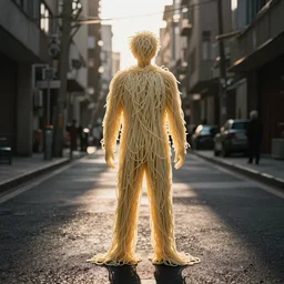full length photograph noodles in the shape of a man, backlit, high contrast, centered, roadway