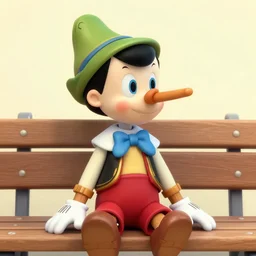 pinocchio stuck on a bench with the long nose