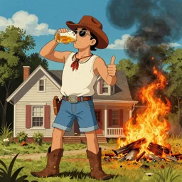 a beautiful retrowave artwork of a redneck wearing shorts, sunglasses, doing a thumbs up gesture, drinking beer, unfazed that his house is on fire, masterpiece
