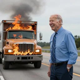 photograph of joe biden laughing, standing next to a burning truck on the interstate, ultra realistic photo, hyper realistic
