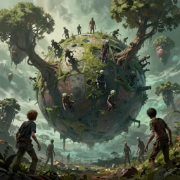 Planet Terror planet, overgrowth, overgrown, levitating trees, zombie, Greg Rutkowski, Darek Zabrocki, Karlkka, Jayison Devadas, Phuoc Quan, trending on Artstation, 8K, ultra wide angle, pincushion lens effect