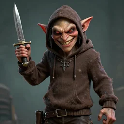 grinning hellpunk the thieving Goblin wearing a grubby brown hoodie sweater whilst brandishing a dagger tombow