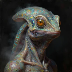 a neoclassicist close - up portrait of a an otherworldy entity with surrealist lizard features. iridescent reflective alien textures. foggy black background. highly detailed science fiction painting by norman rockwell, frank frazetta, syd mead and moebius. rich colors, high contrast, gloomy atmosphere, dark background. trending on artstation.