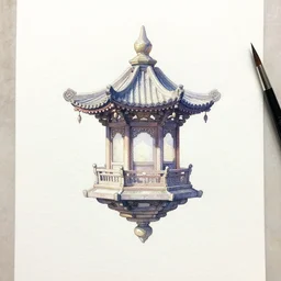 on watercolor paper, paint brush strokes, watercolor painting of a hovering small miniature shrine, ancient, enchanted, iridescent and ethereal in a starlit landscape at night, cinematic light, centered perspective, in the style of noriyoshi ohrai