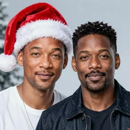 studio portrait photo of genetic hybrid face of will smith and chris rock, wearing a santa hat with snow in the background