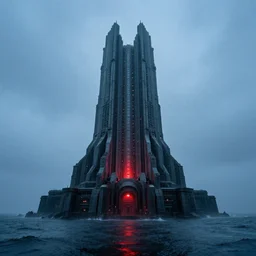symmetric!!! symmetrical composition, a futuristic fortress tower in the middle of the rainy ocean, absolutely perfect symmetric composition, brutalism, gigantism, very low angle, highly realistic concept art, blue cold atmosphere, but there is a red light glowing under the fortress tower, perfeclty symmetric, composition, great lighting, chiaroscuro, photography, cinematography, high quality, on trending, beautiful, 4 k