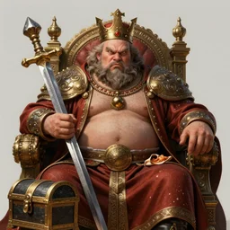 concept art, intricate illustration, photo - realistic portrait of a fat angry king feasting, sword throne, treasure chest, style by wlop and artgerm, hyper detailed, artstation, cgsociety, 8 k, octane render