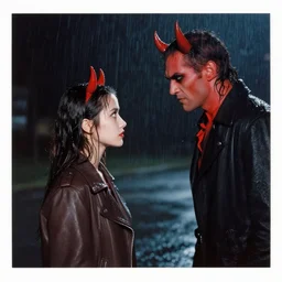 a kodachrome photo of a girl meeting the devil in the rain at night, 1 9 7 0 s, seventies, wallpaper, delicate embellishments, painterly, offset printing technique, by brom, robert henri, walter popp