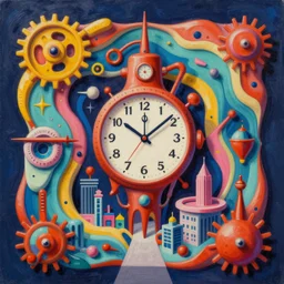 an extremely high quality hd surrealism painting of a 3d perspective neon complimentary-colors cartoon surrealism melting optical illusion sculpture gallery zaha hadid timepiece mechanical city by a much more skilled version of kandinskypicasso and salvia dali the fourth, salvador dali's much much much much more talented painter cousin, 8k, ultra realistic, very realistic, sprockets