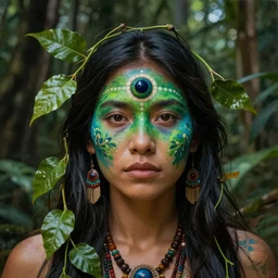 a beautiful indigenous female shaman with a third eye made of ayahuasca vines and leaves in the jungle, face painted in green and blue, beautiful colors, matte painting, by christophe vacher