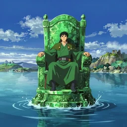a lone emperor sitting on a emerald throne floating on water in the middle of a lake drawn by Makoto Yukimura in the style of Vinland saga anime, full color, detailed, psychedelic, Authority, structure, a father figure