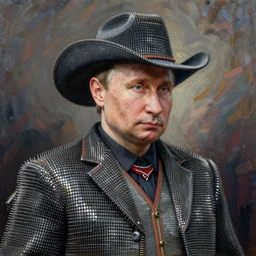 Vladimir Putin as a cowboy. Painting made of nails.