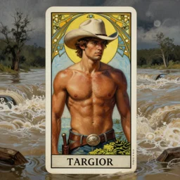 a dramatic, epic, ethereal tarot painting of a handsome!! brown shirtless cowboy | background is a torrential flooding river | tarot card, art deco, art nouveau | by Mark Maggiori | trending on artstation | cowboy hat