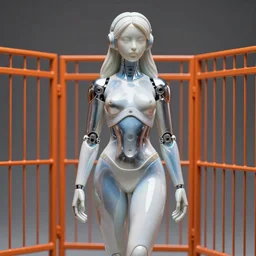perfect statue of a cyborg woman, porcelain, aluminium ( desgined by apple ), silver, blue soft details, soft!!, ( ( standing close to an orange metal fence ) ), studio photo, octane render, studio lights, 8 0 mm lens