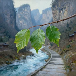 a gorgeous painting by barlowe wayne maxfield parrish and marco mazzoni. close - up shot on a branch with just 3 leaves!! zhangjiajie mountain village!! morning, light effect. grey blue and verdancy. river ice is melting. winding stone steps. ultra clear detailed. hd. 3 d, octane render. 8 k