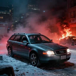 Audi A4 B6 Avant (2002), eldritch horror anomaly, a gritty neo-noir, dramatic lighting, cinematic, eerie person, death, homicide, homicide in the snow, gunshots, establishing shot, extremely high detail, photorealistic, red fog, chaos, arson, burning city, cinematic lighting, artstation, by simon stalenhag, Max Payne (PC) (2001) winter New York at night, In the style of Max Payne 1 graphic novel, flashing lights, Poets of the Fall - Late Goodbye