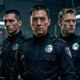 film still of closeup diverse futuristic police squad in blade runner 2 0 4 9, cinematic, moody, gritty neon noir by emmanuel lubezki
