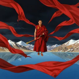 a tibetan monk flying over himalaya mountains lake in weightlessness in traditional red cloth. a lot of flying red fabric around, sky and cloth fabric reflected in blue lake water. dark background. illustration by yoji shinkawa, craig mullins, trending on artstation, peter mohrbacher, hyper detailed, intricate, elite, ornate,