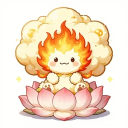 fluffy exploding atomic explosion as popcorn elemental spirit, in the style of a manga character, with a smiling face and flames for hair, sitting on a lotus flower, white background, simple, clean composition, symmetrical