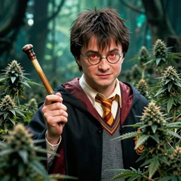 harry potter holding a long joint, surrounded by weed plants, jungle of weed plants, red fire eyes, realistic