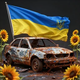car wreckage with ukrainian flag, with graffiti of sunflowers, rusty, volumetric illumination, octane render, cinematic lightning, artstation trending, 8 k
