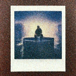 Polaroid image of a man sitting on the top of the building, cyberpunk city