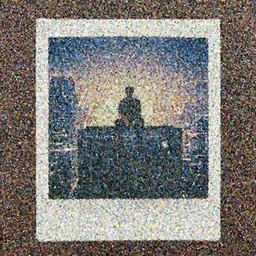 Polaroid image of a man sitting on the top of the building, cyberpunk city