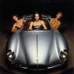 3 d fisheye, very low angle, wide angle, painting showing olivia munn driving exaggerated 1 9 3 0 s car with woman driving, shiny, aerodynamic, dramatic lighting, sultry, sensual, manara, mucha, moebius, elvgren, joshua middleton, clay mann, artgerm