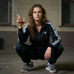 russian slav heroine wearing an addidas tracksuit squatting with whiskey in one hand and a cigarette in the other hand. by greg rutkowski and wlop, detailed, cinematic, artstation, 8 k, intricate, rule of thirds.