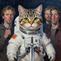 kitty cat tabby spaceknight astronaut wearing a nanotech vest concealing a sword jordan grimmer maxfield parrish cristi balanescu ross tran christophe young dug stanat jakub rebelka oil painting impasto