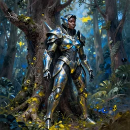 hyperrealistic deconstructed super expressive! black woman with exoskeleton armor, merging with tree in a forest, highly detailed digital painting masterpiece smooth hannah yata brad kunkle dramatic pearlescent blue yellow light ground angle hd 8k sharp focus