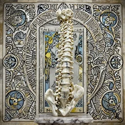a beautifully sculpted anatomically correct marble sculpture of a human spine, kintsugi, on a marble pedestal, hyper detailed, photorealistic, 4 k, trending on artstation, octane render, tarot card with ornate border frame
