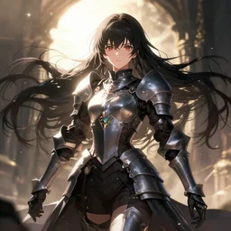 beautiful female knight with sunlight and magic around her, dark fantasy, dark flowing hair, anime key visual, absurdly beautiful, highly detailed, sharp focus, concept art, granblue fantasy, anime by serafleur / d pin / rongzhen luo / mingdosa / ruan jia / gemi ningen