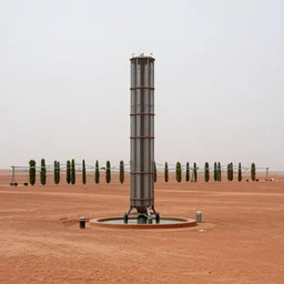 torus shaped electrostatic water condensation collector tower, irrigation system in the background, vertical gardens,  in the middle of the red clay desert, XF IQ4, 150MP, 50mm, F1.4, ISO 200, 1/160s, natural light
