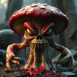 a scary royal angry bloody colorful cracking mushroom monster, octane render, unreal engine, digital art