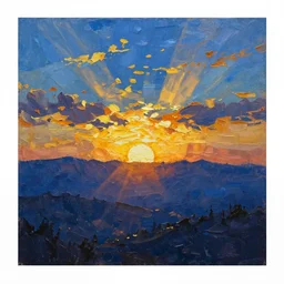 an impasto oil painting of a stunning sunset painted by ken hong leung, blue color scheme, golden ratio