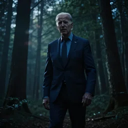 joe biden as slenderman in forest, tall trees, night, creepy, horror, movie still, cinematic lighting, ray tracing, octane render, long lens, shallow depth of field, bokeh, anamorphic lens flare, 8 k, hyper detailed, 3 5 mm film grain