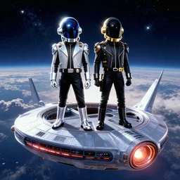 The Daft Punk duo on top of a spaceship