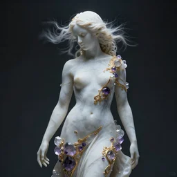 abstract female sculpture made of white marble and amethyst crystals quartz, ethereal lights, fine details, artstation. com, film still, cinematic photoshooting, luxury, strong wind, dark mood, sad, cold colors, golden filigree, octane render