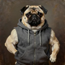 dog pug as bodybuilder wearing hoodie portrait, heavy texture victorian oil painting