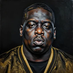 a painting of a hyper realistic biggie smalls, art by basquiat, intricate, ultra detailed, photorealistic, black and gold colors, dark background trending on artstation