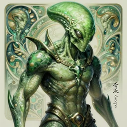 portrait with no signature of aggressive alien, d & d, muscular! green, fantasy, intricate, elegant, highly detailed, digital painting, artstation, concept art, smooth, sharp focus, illustration, art by artgerm and greg rutkowski and alphonse mucha